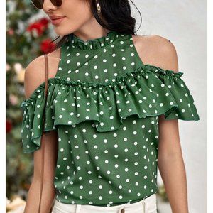 Sale 🎉 NEW!! Size 12 Cold Shoulder Polka Dot Ruffle Trim Blouse in Green